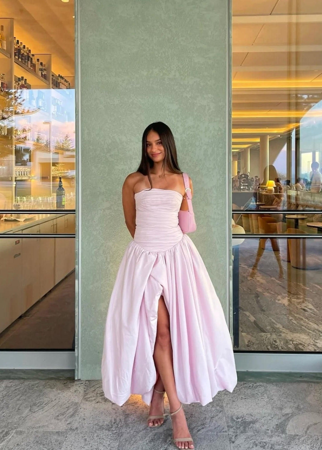 aje pink bubble dress Violette Bubble Hem Maxi Dress | Pastel Pink