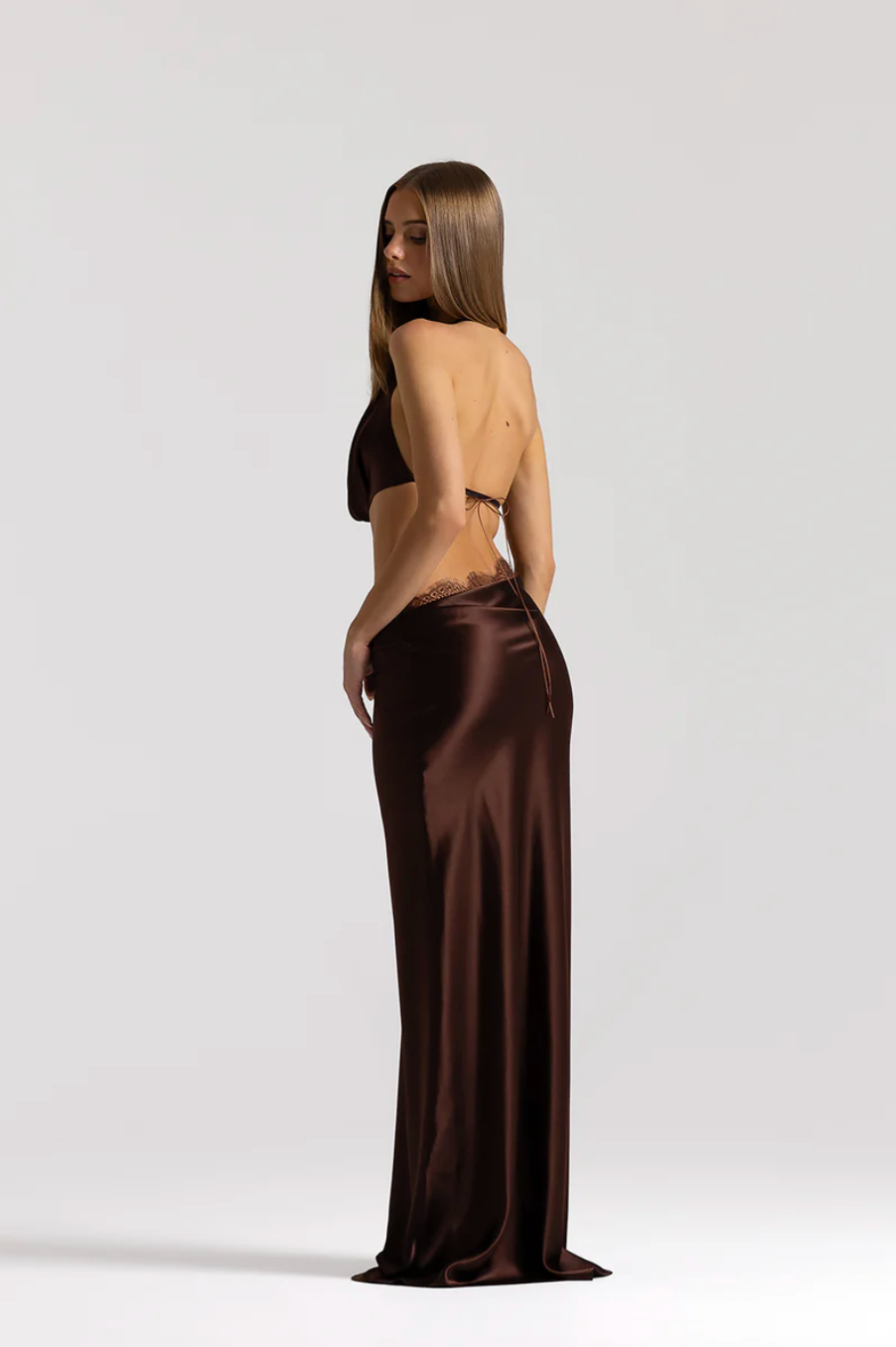 (Coming Soon) Natalie Rolt Evangelina Gown with Lace - Espresso (Size 0)