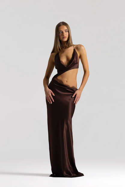 (Coming Soon) Natalie Rolt Evangelina Gown with Lace - Espresso (Size 0)